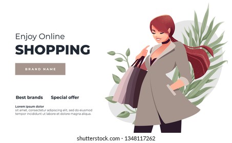 Online shopping landing page or banner. Girl with shopping, packages, gifts. Flat People Characters with Shopping Bag. Illustration with grain texture