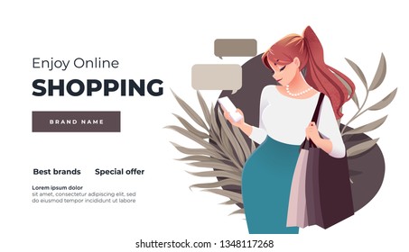 Online shopping landing page or banner. Girl with shopping, packages, gifts. Flat People Characters with Shopping Bag. Illustration with grain texture