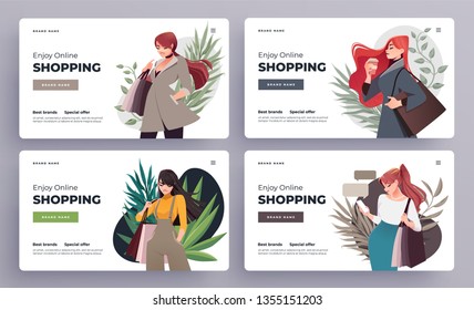 Online shopping landing page or banner templates. Girls with shopping, packages. Flat Happy Female Characters with Shopping Bags. Vector Illustration