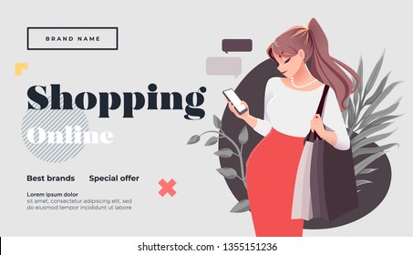 Online shopping landing page or banner template. Girl with shopping, packages. Flat Happy Female Character with Shopping Bags. Vector Illustration