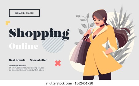 Online shopping landing page or banner template. Girl with shopping, packages. Flat Happy Female Character with Shopping Bags. Vector Illustration
