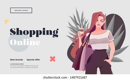 Online shopping landing page or banner template. Girl with shopping, packages. Flat Happy Female Character with Shopping Bags. Vector Illustration