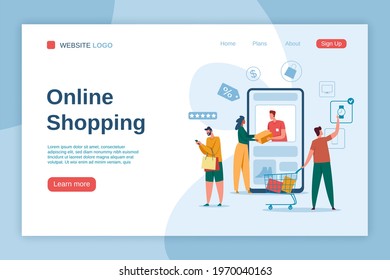 Online shopping landing page. Buyers with shopping bags. Online delivery, digital marketing, e-commerce advertising, website interface vector template. Man with cart, woman receiving parcel