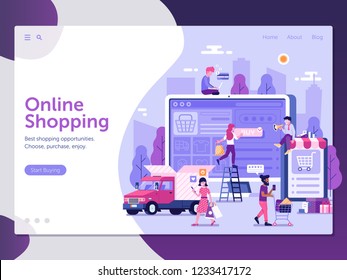 Online shopping landing page with customers buying and making order. E-commerce advertising web banner with people shopping on the internet. Digital store concept UI illustration in flat design.