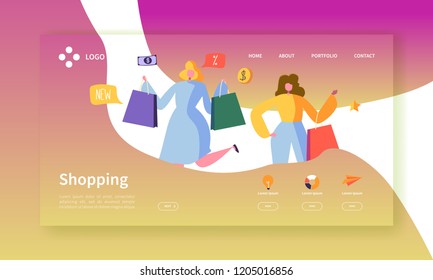 Online Shopping Landing Page. Flat People Characters with Shopping Bags Website Template. Easy to edit and customize. Vector illustration