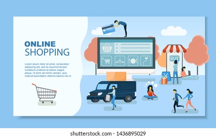 Online Shopping Landing Page. Flat People Characters 
With Delivery Machine and Shopping Bags. Modern Flet Design Vector Illustration.