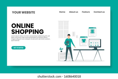 online shopping landing page. man buy something in online marketplace. e-commerce illustration concept