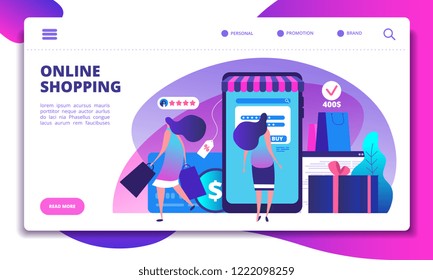 Online shopping landing page. People with smartphone doing internet payment in on-line store. Website or app vector design