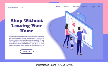 online shopping landing page, shop without leaving your home, modern concept template. purple background. vector illustration.