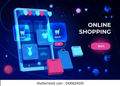 Online shopping landing page, smartphone screen with application icons for making purchases and customer order in internet, digital technologies for shops and stores, neon cartoon vector illustration