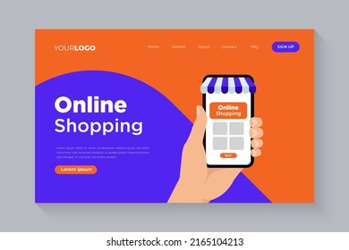 Online shopping landing page, smartphone in hand flat vector illustration.
