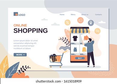 Online shopping landing page template. Technology of purchase in internet store. Mobile phone with marketplace application on screen. Handsome man customer order and payment goods. Vector illustration