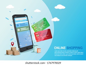 Online Shopping Landing Page Template, Mobile Store Concept, digital marketing on website and mobile application. 