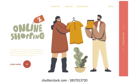 Online Shopping Landing Page Template. Female Customer Character Choosing Dress on Tablet App. Girl Buying Apparel Using Application Digital Purchase, Internet Store. Linear People Vector Illustration