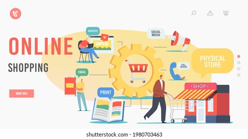 Online Shopping Landing Page Template. Omnichannel, Digital Marketing, Communication Channels Between Seller and Customer. Character Visit Store for Purchase. Cartoon People Vector Illustration