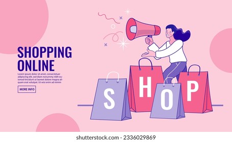 Online Shopping Landing Page Template. Advertising Campaign. Woman Shout in Megaphone Inviting Customers for Shopping. Shop Promotion Discount and Price Off Day. Big sale. Flat Vector Illustration