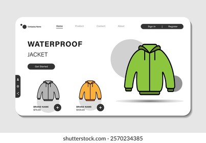 Online shopping landing page template or jacket store web with flat design