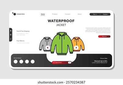 Online shopping landing page template or jacket store web with flat design