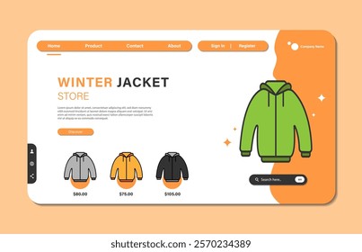 Online shopping landing page template or jacket store web with flat design