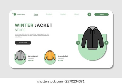 Online shopping landing page template or jacket store web with flat design