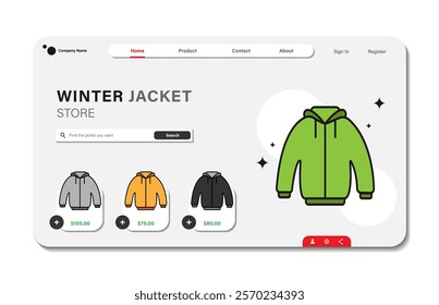 Online shopping landing page template or jacket store web with flat design