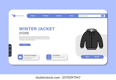 Online shopping landing page template or jacket store web with flat design