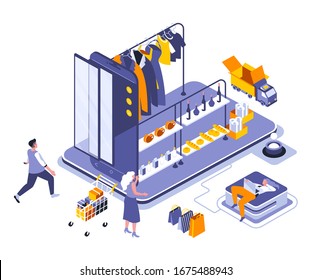 Online shopping landing page vector template. Fashion boutique, clothes and garment store website header UI layout with isometric illustration. Grocery and consumerism web banner isometry concept
