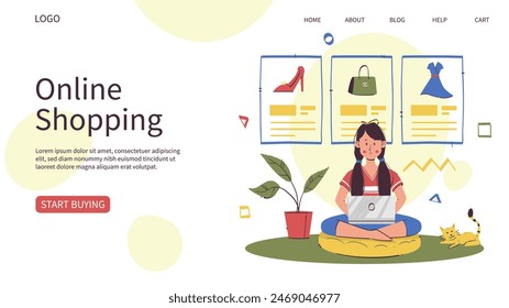 Online shopping landing page or web design in a hand-drawn, minimalist, flat design model.