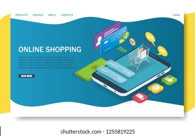 Online shopping landing page website template. Vector isometric smartphone with shopping cart, credit card etc. Internet store, mobile marketing and e-commerce.