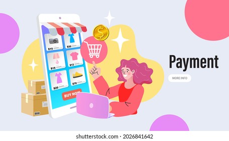 Online shopping landing page website illustration. Digital service marketplace. Mobile marketing e-marketing e-commerce app store. Flat design style modern vector.