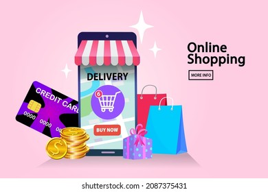 Online shopping landing page website illustration. Digital service marketplace. Mobile marketing e-marketing e-commerce app store. Flat design style modern vector.