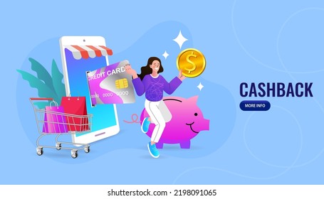 Ilustración del sitio web de la página de inicio de la compra en línea. Mercado de servicios digitales. Tienda de aplicaciones de comercio electrónico de marketing móvil. tarjeta de venta al por menor y de recompensas. Vector moderno de diseño plano.