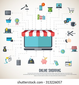 Online shopping - laptop  with awning + various  icon set. EPS10 vector. File is layered and can be used in any project.