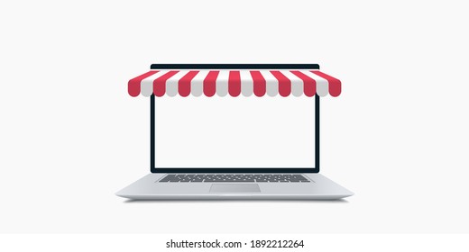 Online shopping. Laptop with awning vector illustration