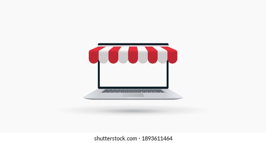 Online shopping. Laptop with awning vector illustration
