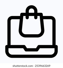 Online Shopping, Laptop, Shopping Bag Vector Icon, Isolated Lineal Vector Icon.