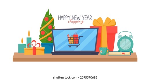 Online shopping. Laptop with a shopping basket on the screen, buying Christmas gifts. New Year's shopping from home in online stores. Gifts for loved ones.