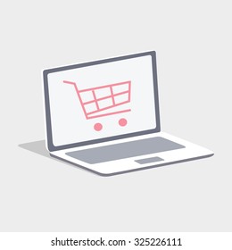 Online Shopping. Laptop with a cart on the screen.