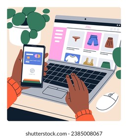 Online-Shopping mit Laptop-Computer und Mobiltelefon. Kaufen Kleidung im Internet Verkauf, Webshop, Zahlung mit Karte. Kunden verfügen über Smartphone und Notebook, E-Commerce. Flache Vektorgrafik