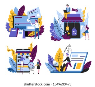 Compras en línea. Portátil, computadora, dispositivos de teléfonos inteligentes como concepto de mercado minorista. Las personas con carritos o bolsos de papel buscan información de producto, ofertas de descuento y ofertas de venta en pantalla. Ilustración vectorial.