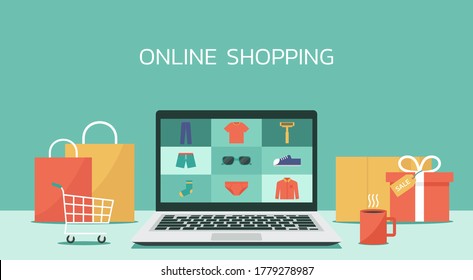 online shopping laptop concept, men fashion products from e-shop or digital store, flat vector graphic illustration