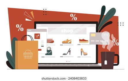 Online shopping laptop concept. Portable computer with mug of hot drink. Electronic commerce and marketing. Buying goods and clothes online, home delivery. Cartoon flat vector illustration