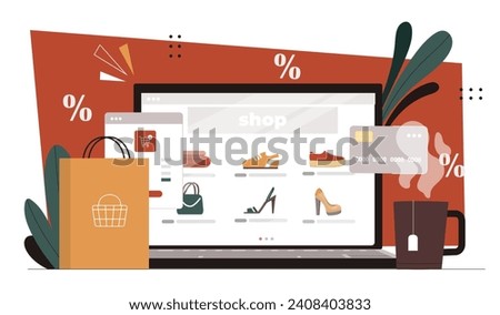 Online shopping laptop concept. Portable computer with mug of hot drink. Electronic commerce and marketing. Buying goods and clothes online, home delivery. Cartoon flat vector illustration