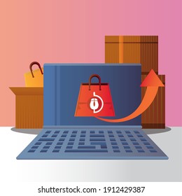 online shopping laptop delivery boxes bag vector illustration