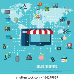 Online shopping -laptop icon with awning, various shopping icon set and detailed world map. EPS10 vector. File is layered and can be used in any project.