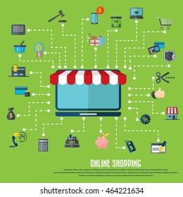Online shopping -laptop icon with awning and  various shopping icon set. EPS10 vector. File is layered and can be used in any project.