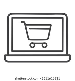 Online shopping laptop icon. Simple line art icon depicting a laptop computer with a shopping cart symbol on the screen. Ideal for digital marketing, e-commerce, and online retail.