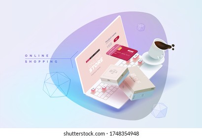 Online shopping. Laptop on a table with flying elements, boxes, poraki, shopping bag. Purchase and delivery of goods online. Online shop. Modern vector illustration isometric style.