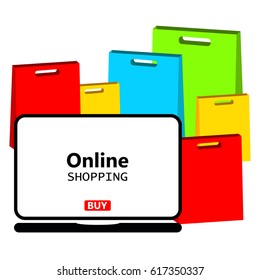 Online shopping, laptop, shopping with a laptop over the internet, packaging for purchases, vector, products, business background, gifts, abstraction