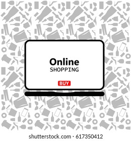Online shopping, laptop, shopping with a laptop over the internet, packaging for purchases, vector, products, business background, gifts, abstraction